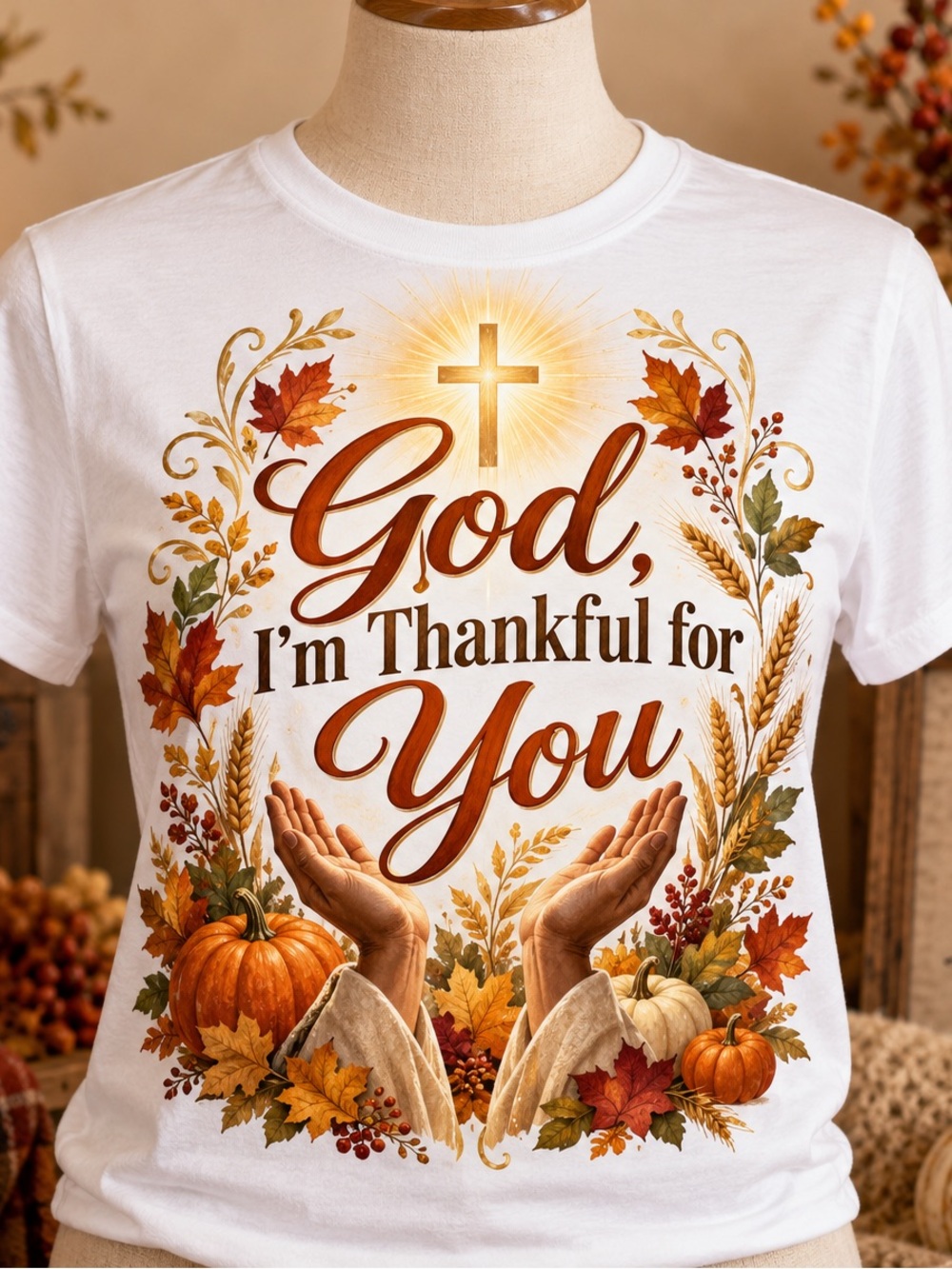Gildan White Short Sleeve Tee with Autumn Cross & Thankful Graphic